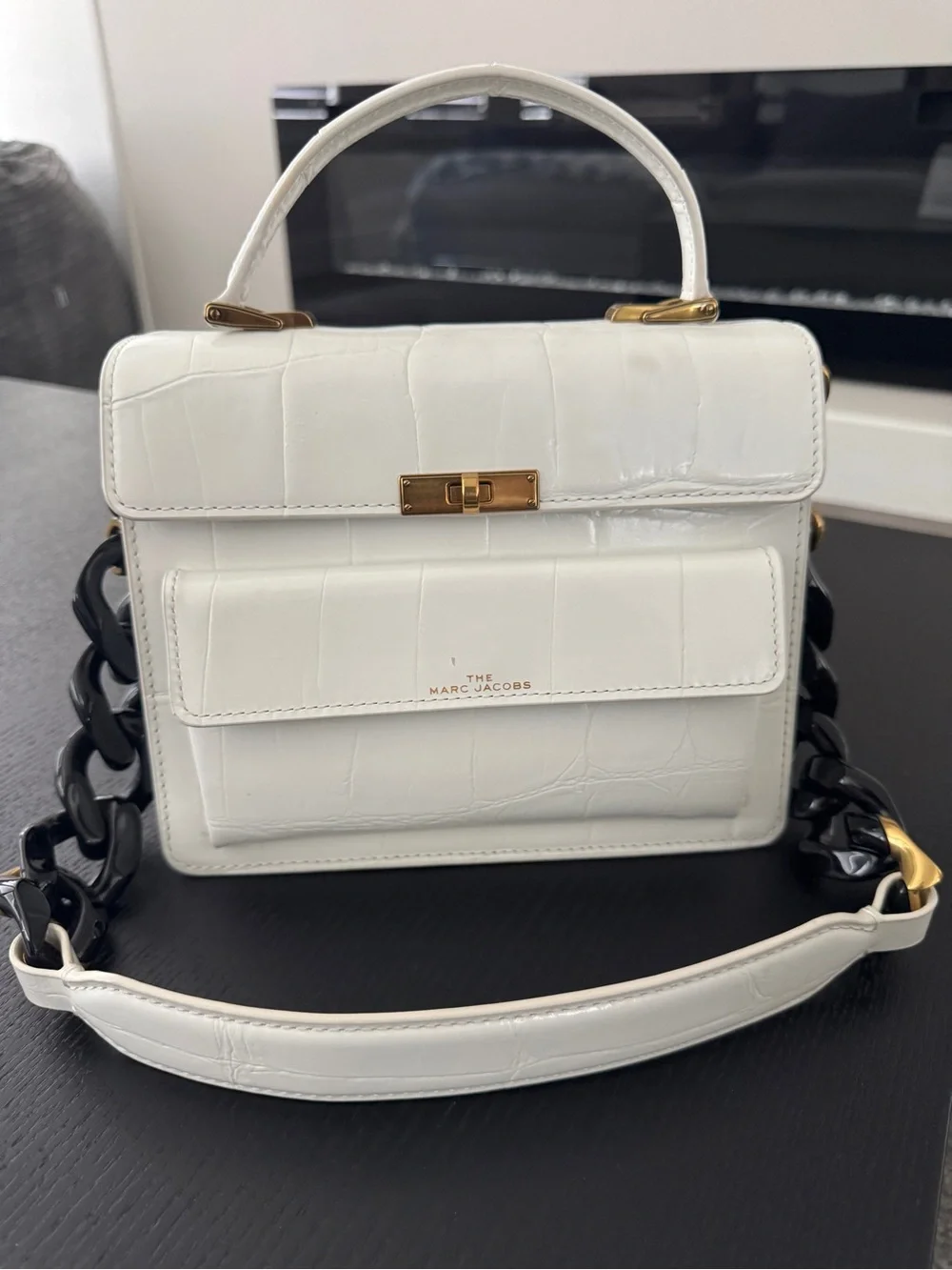 Marc Jacobs White Croc-Embossed Satchel with Black Chain Strap